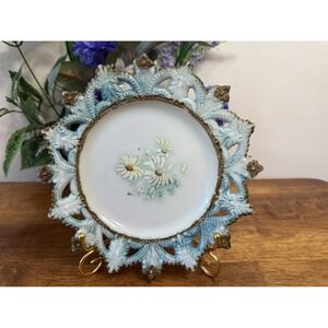 Antique Victorian Hand Painted Milk Glass Plate Ornate Gilt‎ Blue Frame Floral